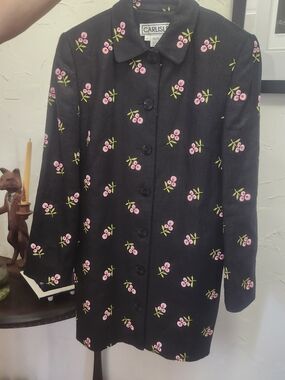 Vintage Carlisle Embroidered Cherry Blossom Linen Jacket Midi Coat Black Pink 8